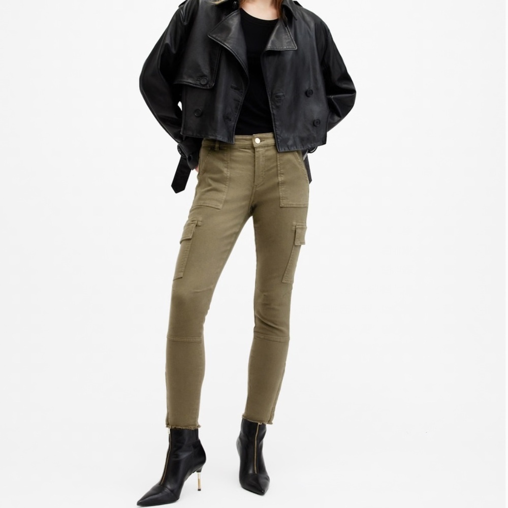 NEW AllSaints DURAN SKINNY DENIM CARGO JEANS, Olive Green, Size 27 (=US 6)